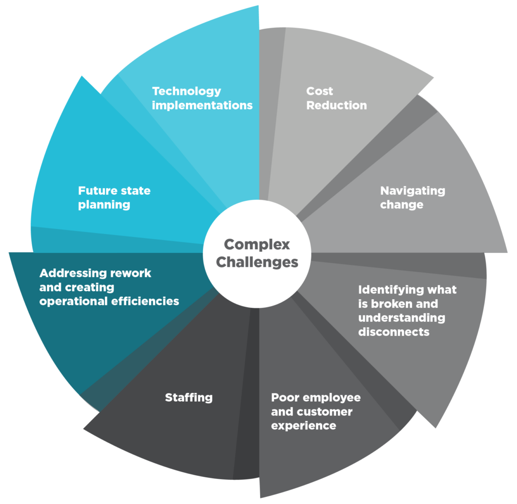 Complex Challenges: cost reduction, navigating change, identifying what is broken and understanding disconnects, poor employee and customer experience, staffing, addressing rework and creating operational efficiencies, future state planning, technology planning.